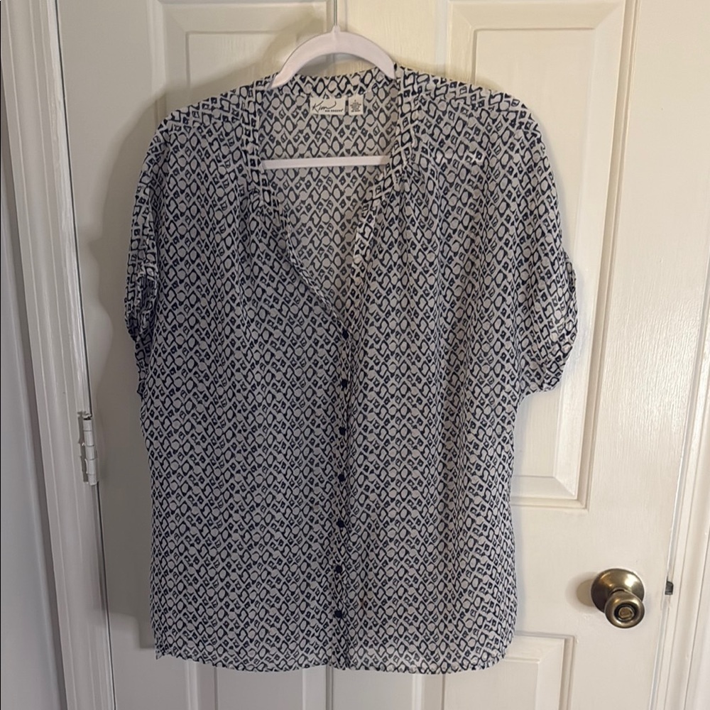 Kim Rodger’s Navy and White Patterned Button Down Sheer Blouse